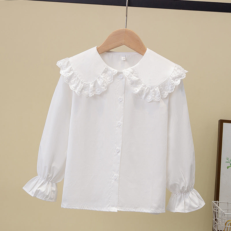White Doll Collar Pure Cotton Long-sleeved Lace Lapel Princess Children's Shirt