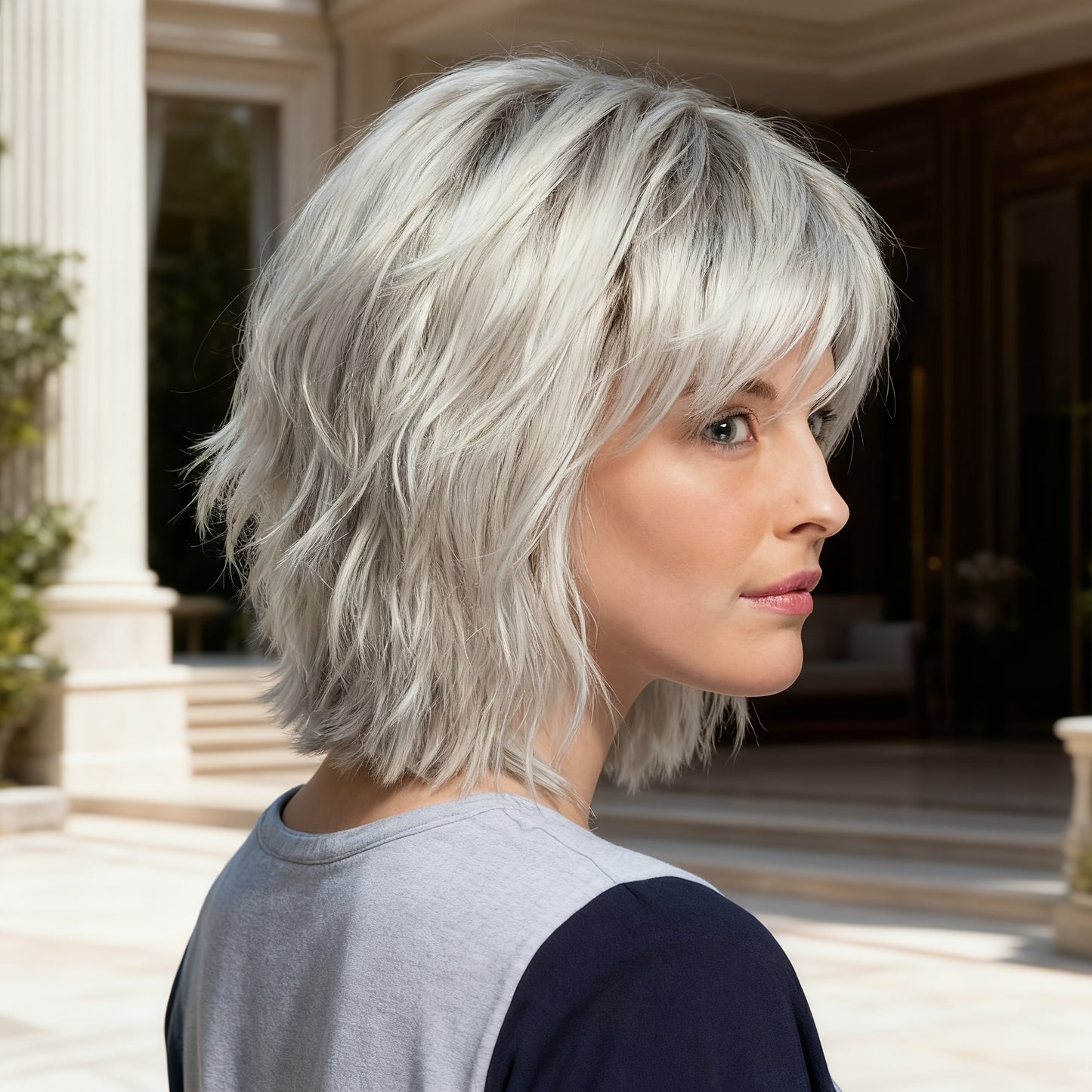 Female Partial Gradient White Gold Color Wig Short Curly Hair