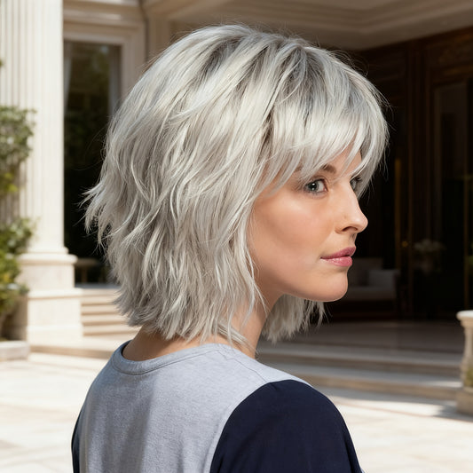 Female Partial Gradient White Gold Color Wig Short Curly Hair