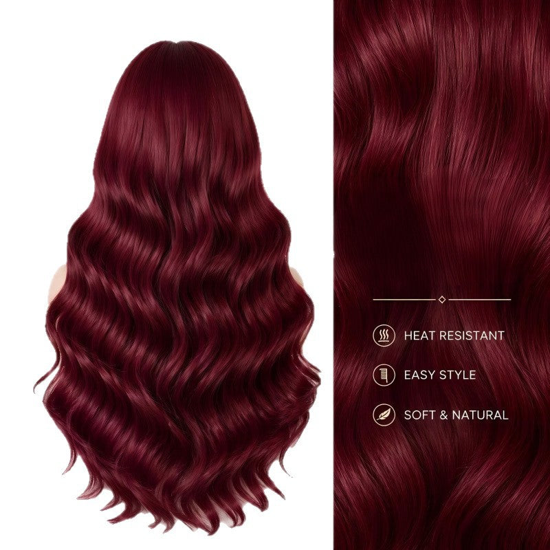 Wine Red Curly Medium Points Soft Light Big Wave Fiber Wig Long Curls