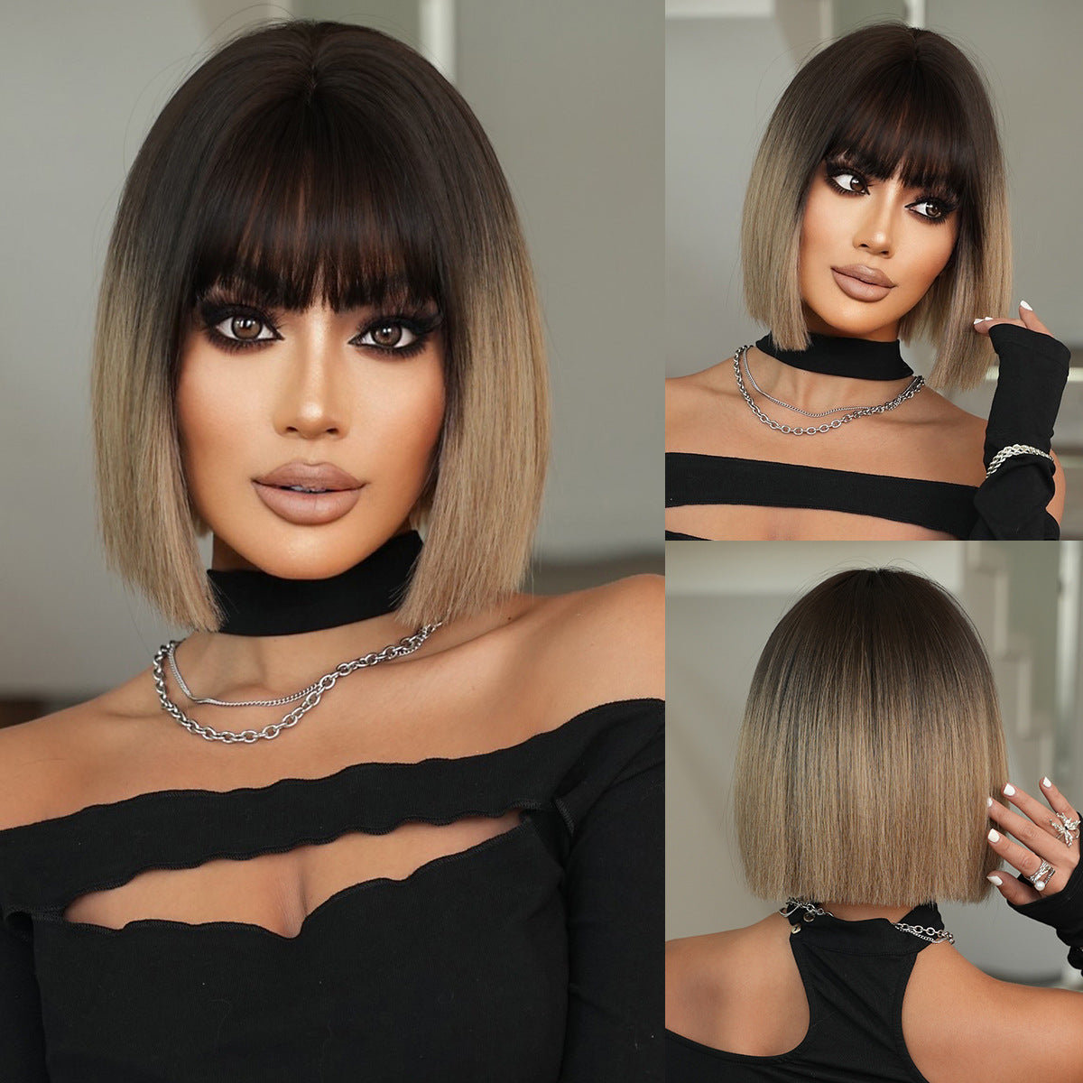 Women's Gradient White Tea Female Artificial Fluffy Wig Short Straight Hair