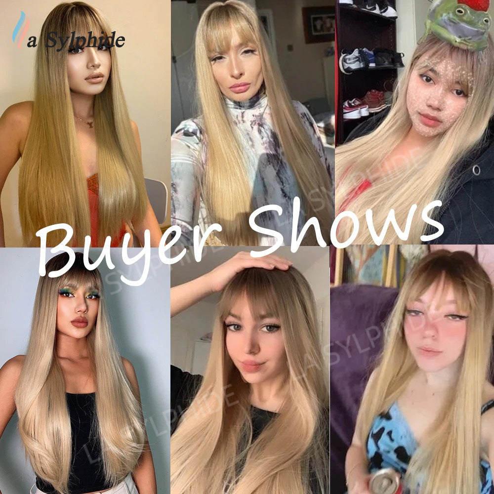 Female Air Bangs Brown Gradient Golden Long Straight Wig
