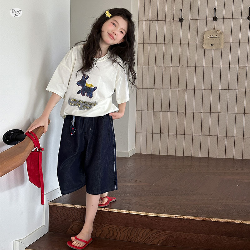 Korean Style T-shirt Light Sier Denim Cropped Pants Printed Short Children's Suit