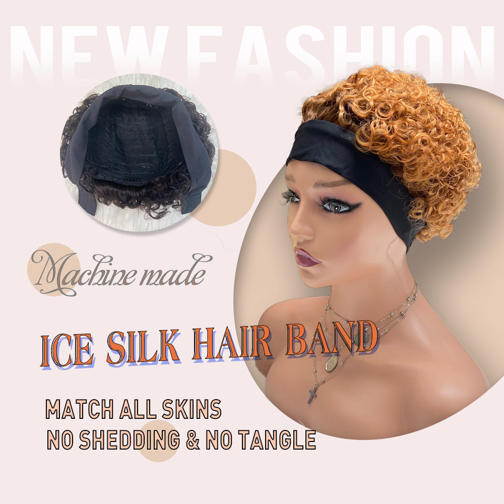Colorful Real Human Ice Silk Band Wig Short Curly Hair