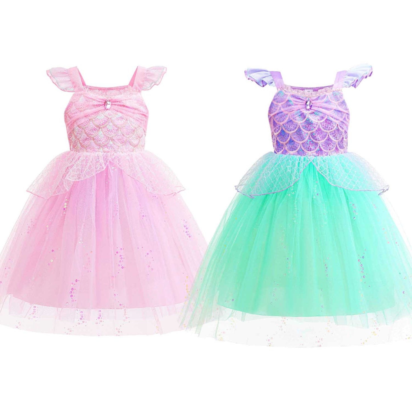 Mermaid Princess Flounced Sleeve Flashing Western Style Tulle Children's Dress