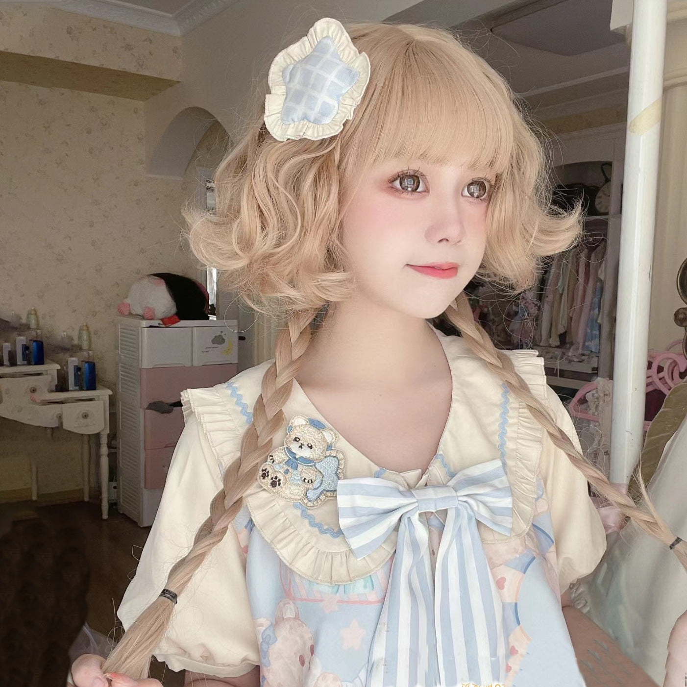 Lolita Jellyfish Head Can Tie Double Ponytail Wig Short Curly Hair