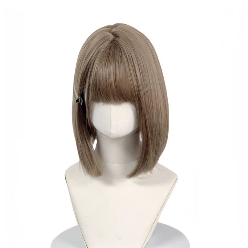 Female Black Brown Air Bangs Simulation Round Wig Short Straight Hair