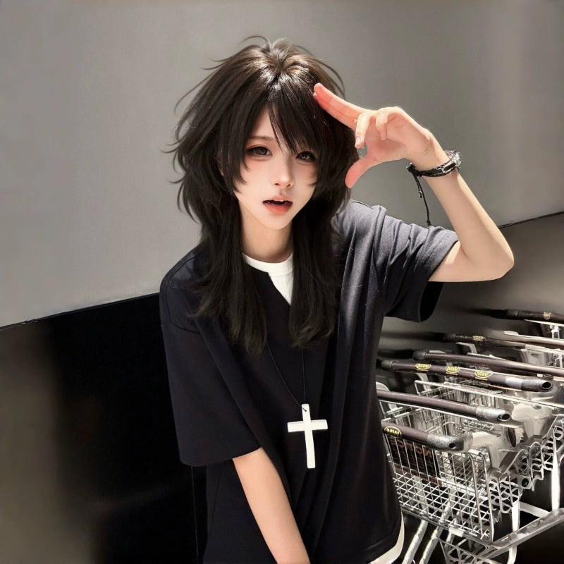 Wolf Tail Anchovy Head Unisex Style Less Wig Long Curls