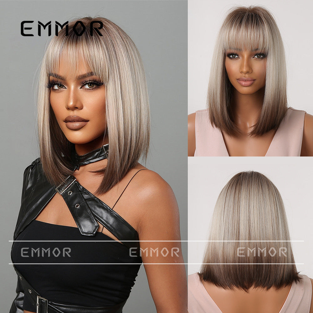Female Clavicle Gradient Golden Artificial Scalp Natural Medium Wig Short Straight Hair