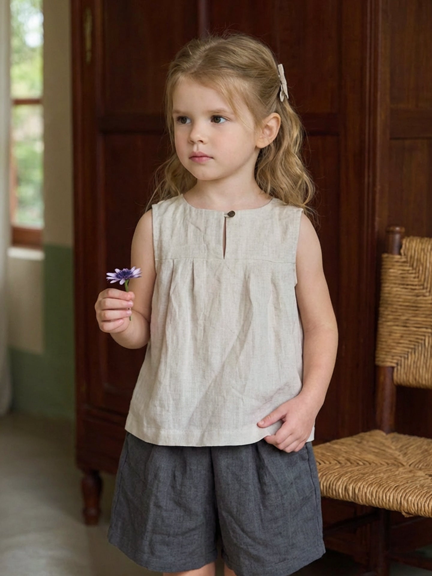 Children's Round Neck Hem Loose-fitting Peasant Blouse Sleeveless Vest Children's T-shirt