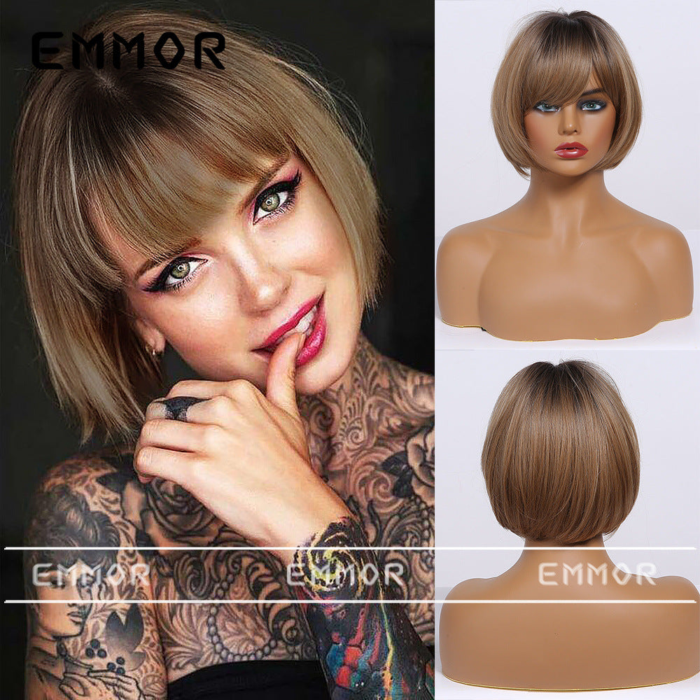 Women's Fashion Head Dyed Black Platinum Ribbon Wig Short Straight Hair