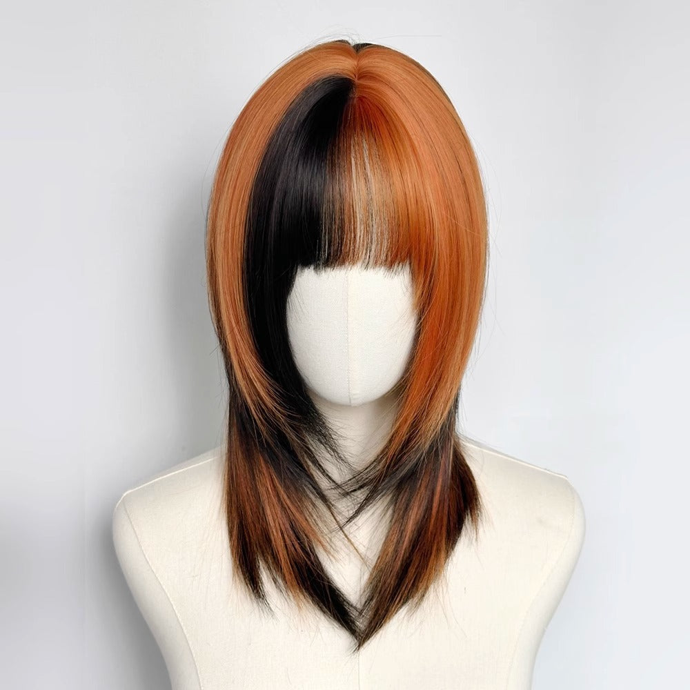 Female Black Dirty Orange Highlight Collarbone Long Straight Wig