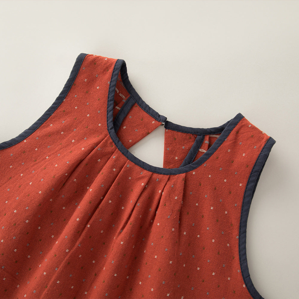 Red Jacquard Summer Korean Style Sleeveless Top Skirt Children's Suit