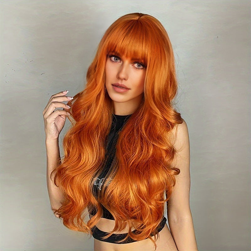 Women's Front Lace Synthetic Wigs Black Brown Bangs Wig Long Curls