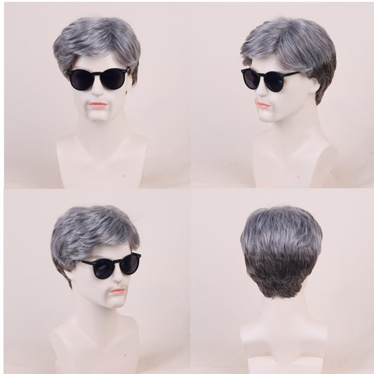 Men's Chemical Fiber Hairstyle Rose Net Sier Wig Short Straight Hair