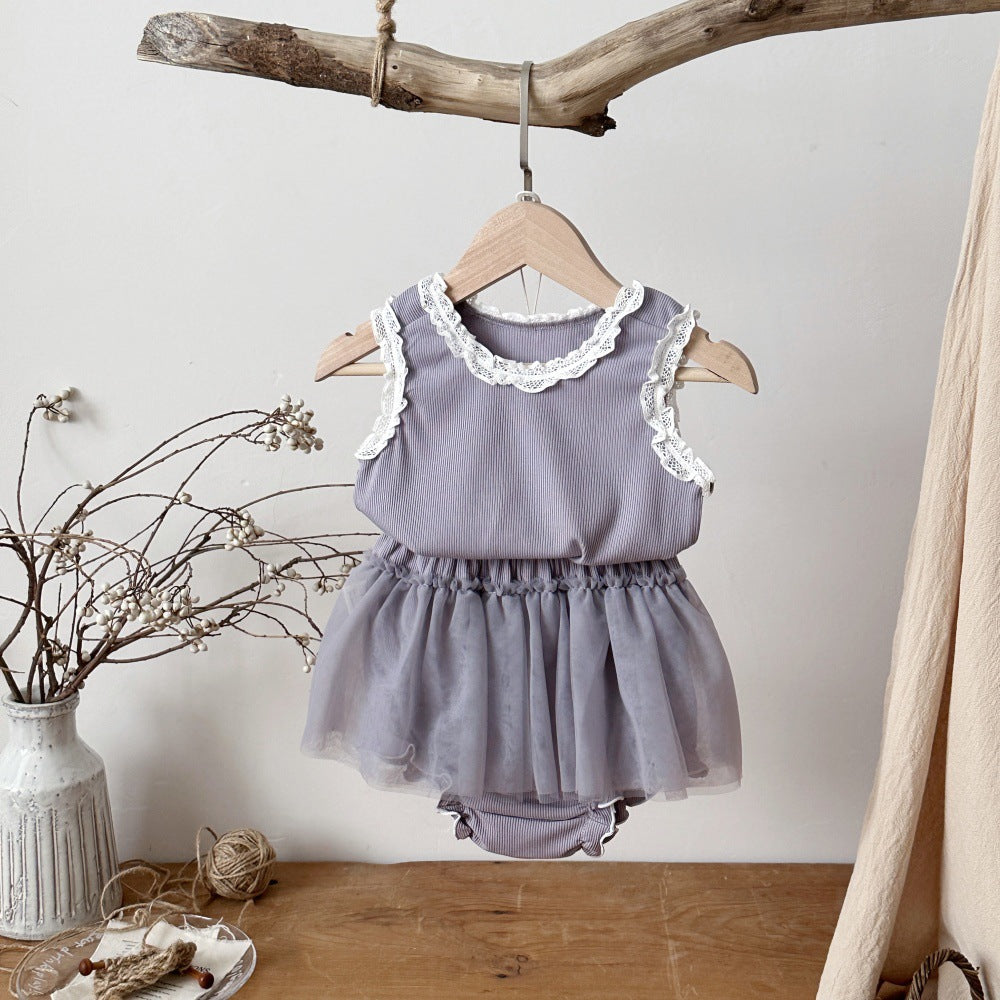 Sleeveless T-shirt Bottoming Shirt Yarn Skirt Princess Two-piece Children's Suit