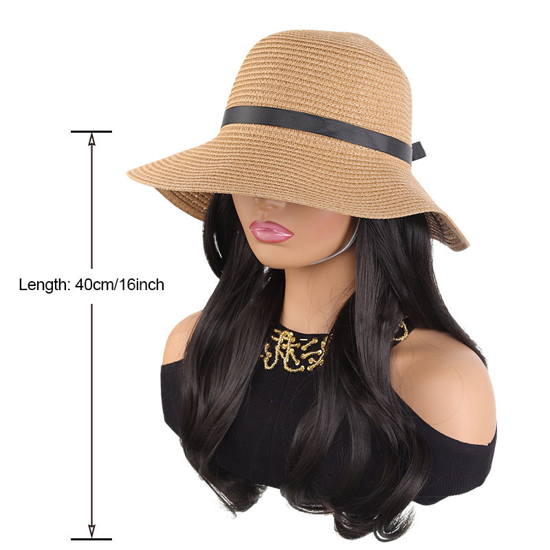 Straw Sun Hat Curly Hair One-piece Wig Long Curls