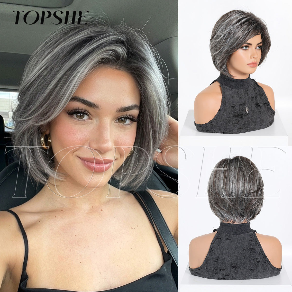 Women's Short Wave Head Gray Brown Highlight Long Straight Wig