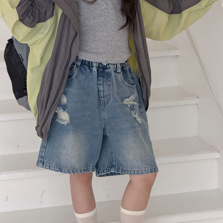Middle Big Summer Ripped Cropped Jeans Blue Children's Pants