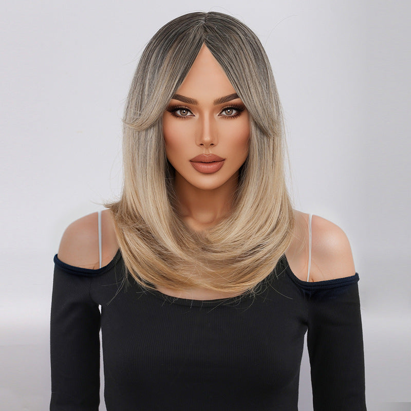 Black Gold Gradient Bangs Straight Hair Wig Long Curls