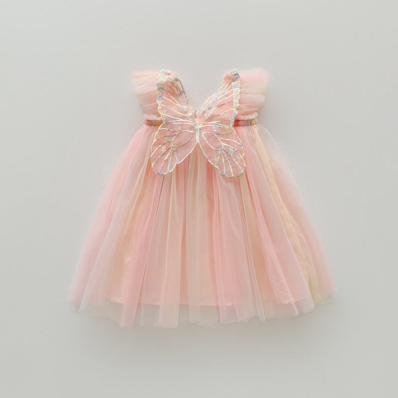 Rainbow Wings Mesh Summer Flounced Sleeve Princess Children's Dress