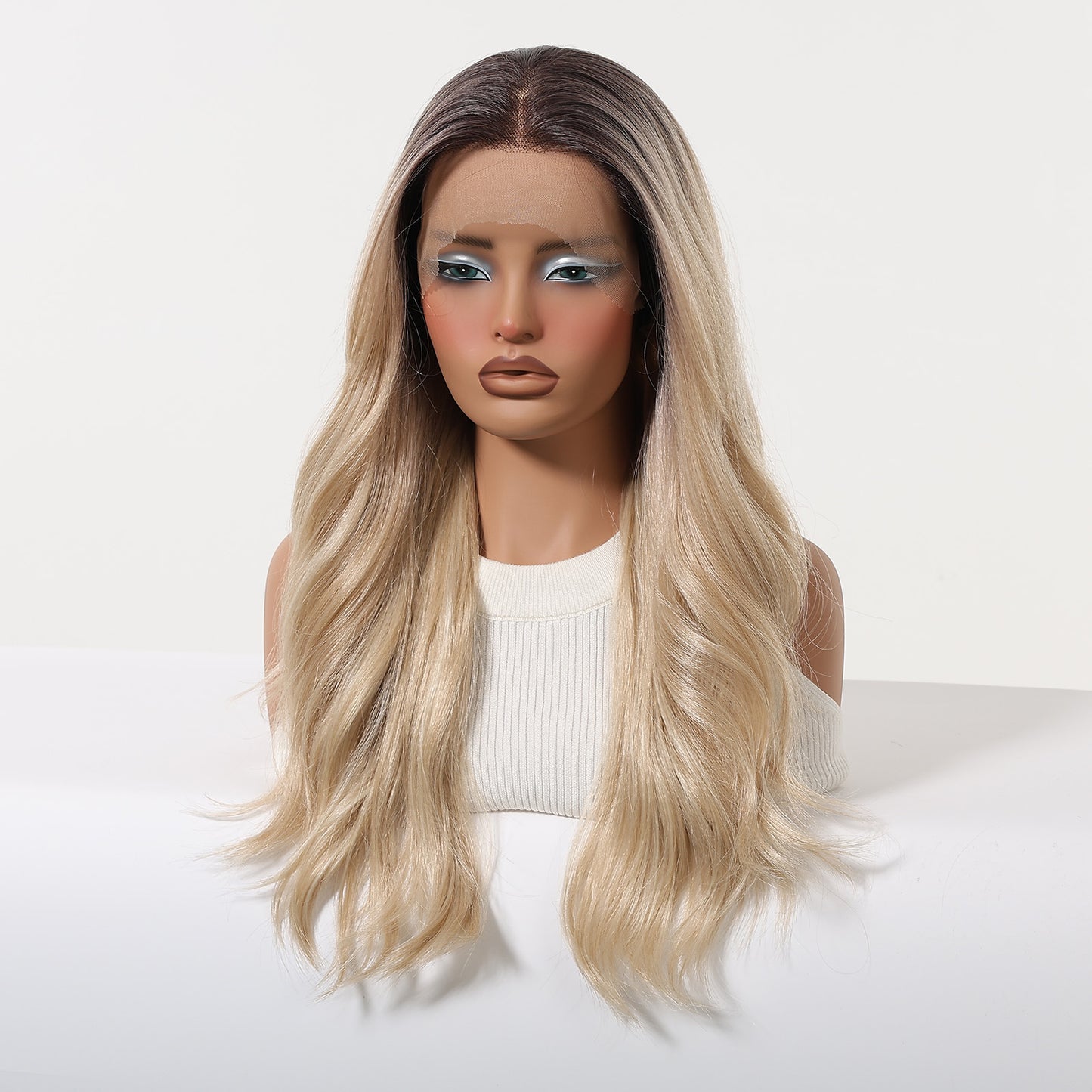 Large Area Lace Gradient Golden Curly Hair Wig Long Curls