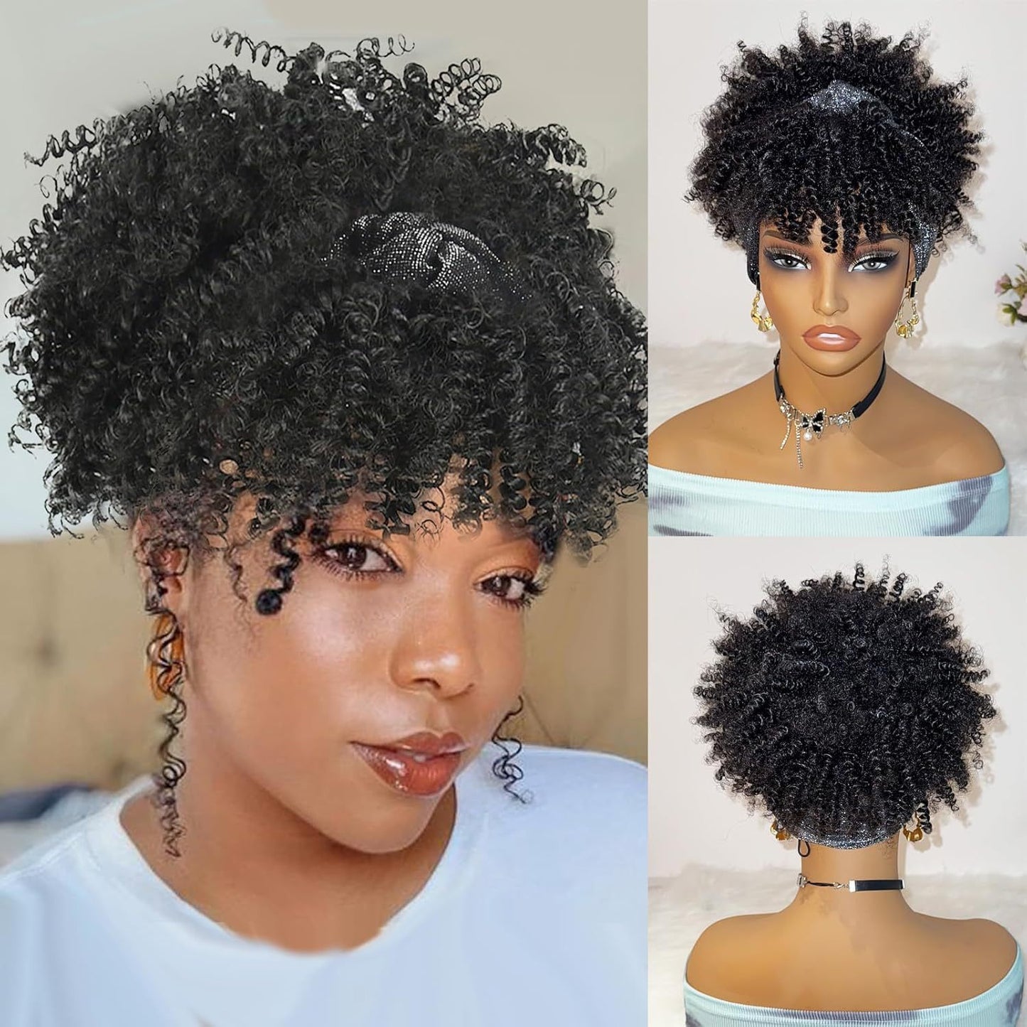 Women's African Small Bangs Integrated Headband Chemical Wig Short Curly Hair
