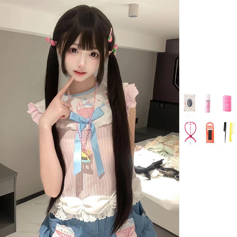 Female Sweet Little Rose Natural Black Gentle With Sideburns Long Straight Wig