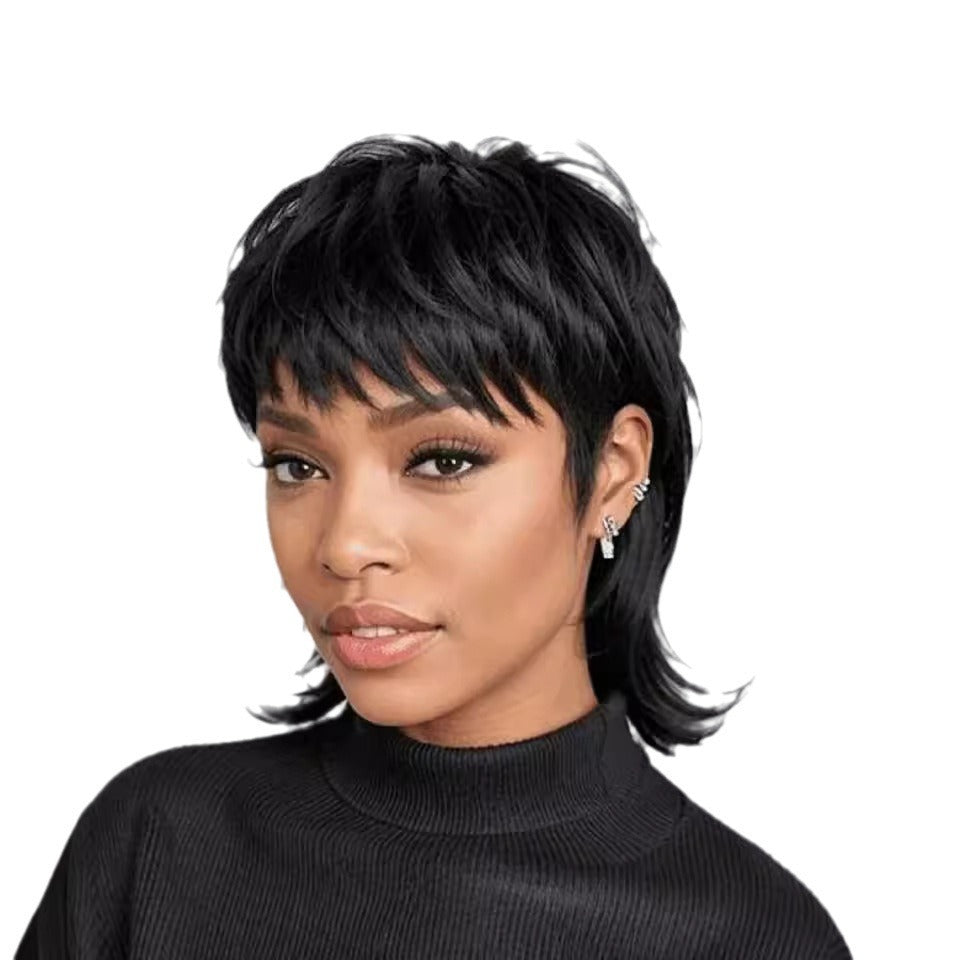 Head Cover Black Anchovy Shawl Broken Wig Short Straight Hair