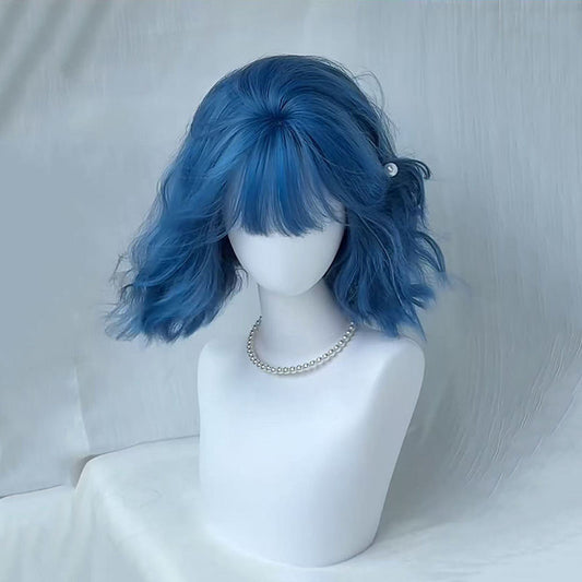 Sea Blue Bangs Small Curls Daily Wig Short Curly Hair