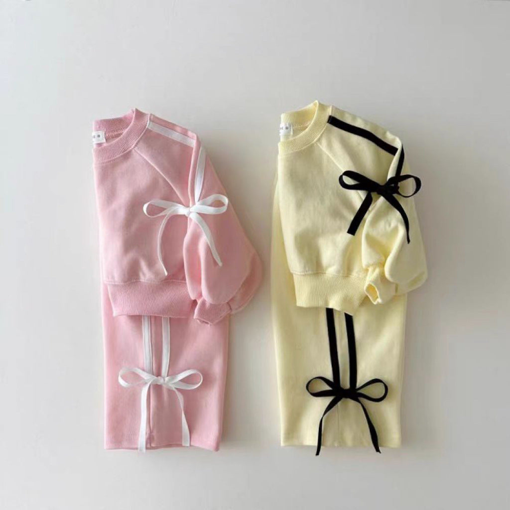 Style Long-sleeved Trousers Sports Bow Bars Patchwork Sweater Children's Suit