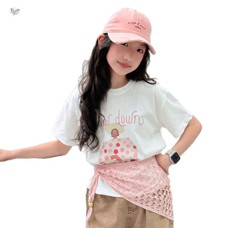 Summer Shawl Fake Two-piece Printed Fresh Casual Teens Tops Short Children's T-shirt