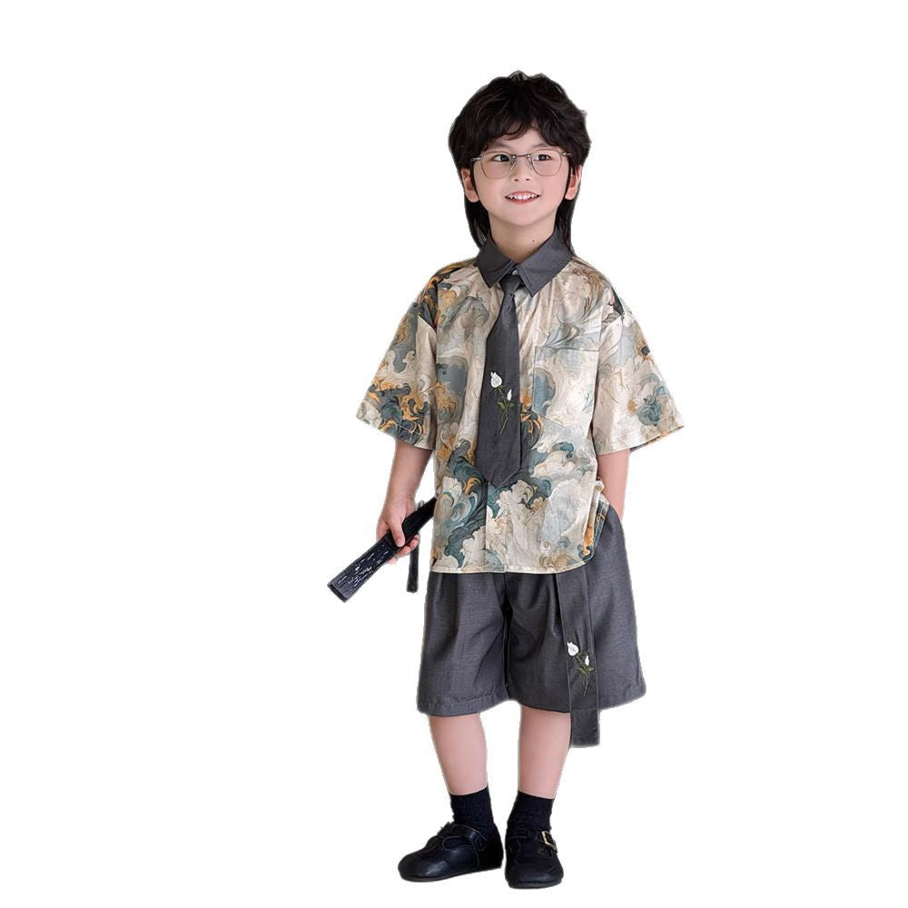 Children's Suit Short-sleeved Korean Style Loose Fashionable Beach Shorts Children's Shirt