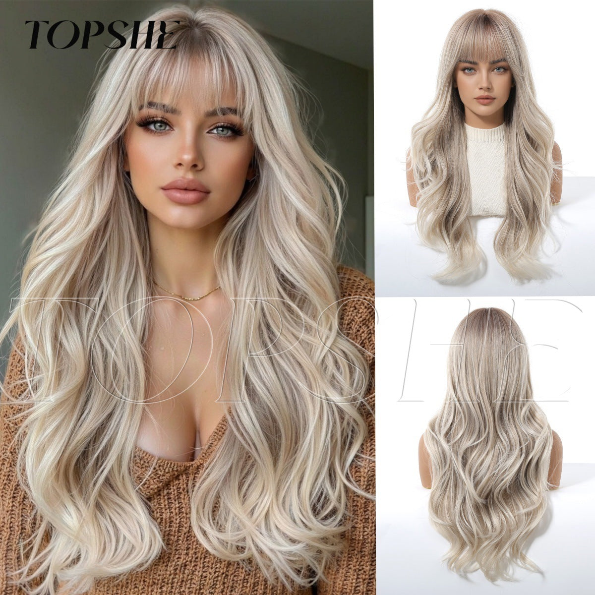 Women's Fashionable Vigorous Bangs Gradient Golden Water Ripple Curly Wig Long Curls