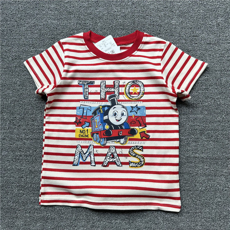 Children's Single Summer Train Friends Striped Pure Cotton Short-sleeved Children's T-shirt
