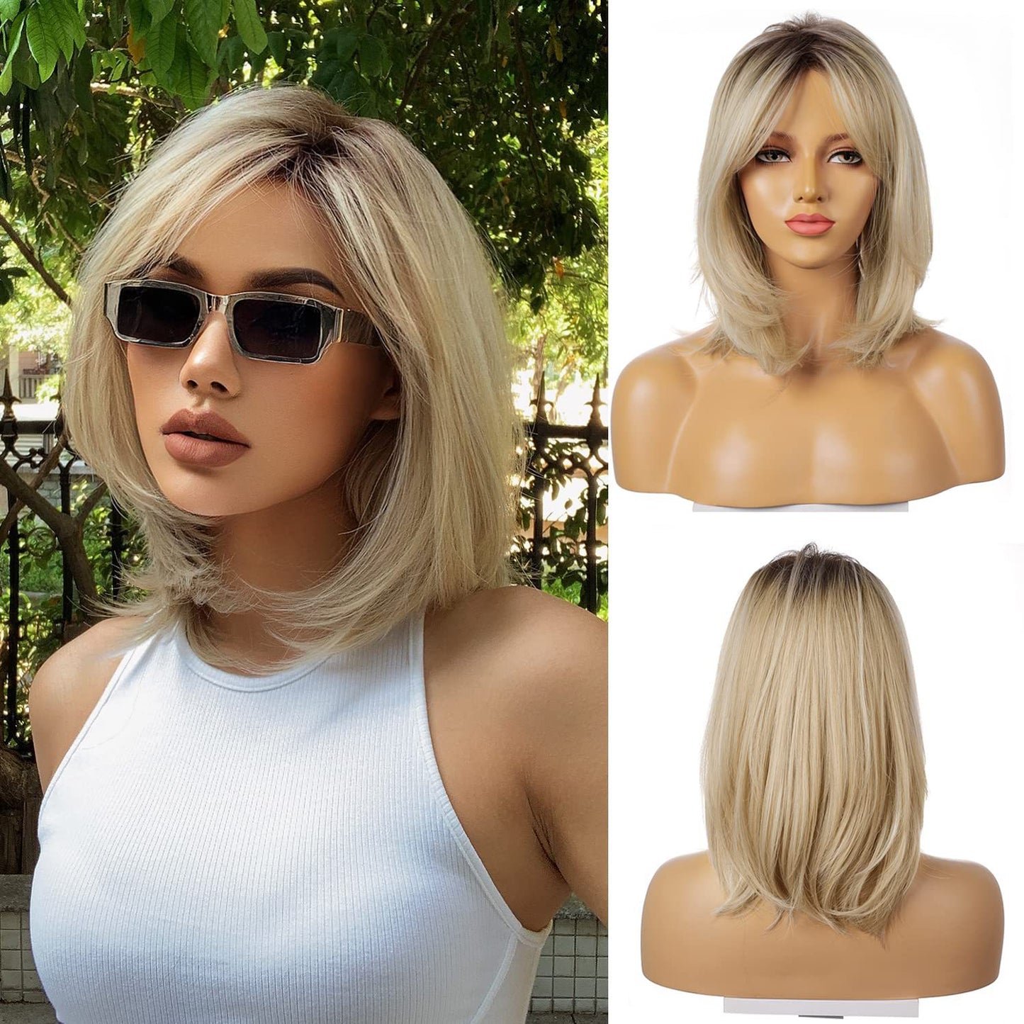 Women's Bangs White Gold Color Gradient Level Straight Wig Short Curly Hair