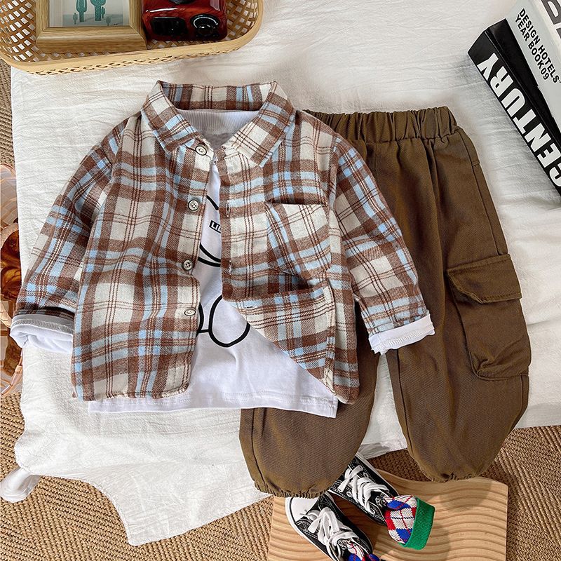 Children's Boys Autumn Clothing Plaid Shirt Handsome Overalls Trendy Cool Three-piece Children's Suit