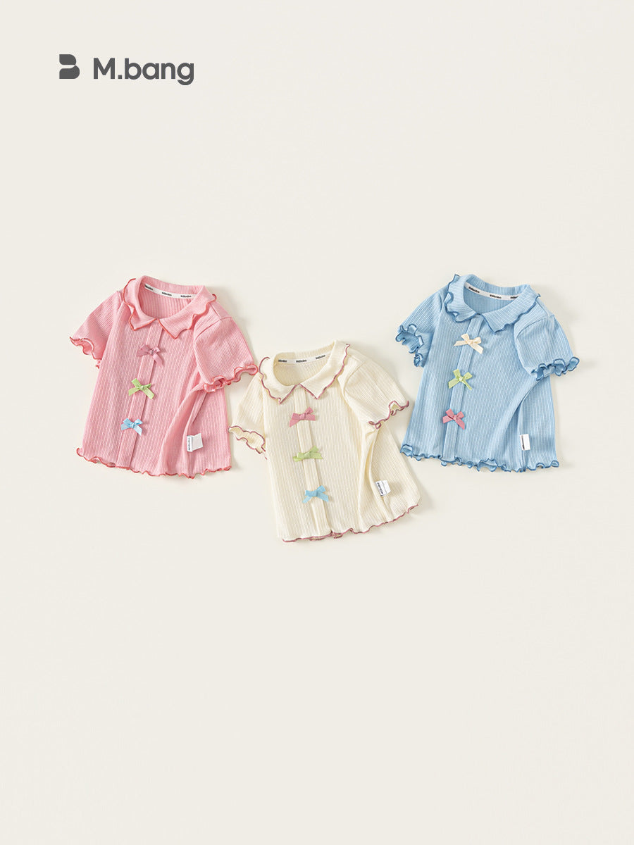Children's Clothing Bowknot Summer Clothes Wooden Ear Sweet Style Short Sleeve Children's T-shirt