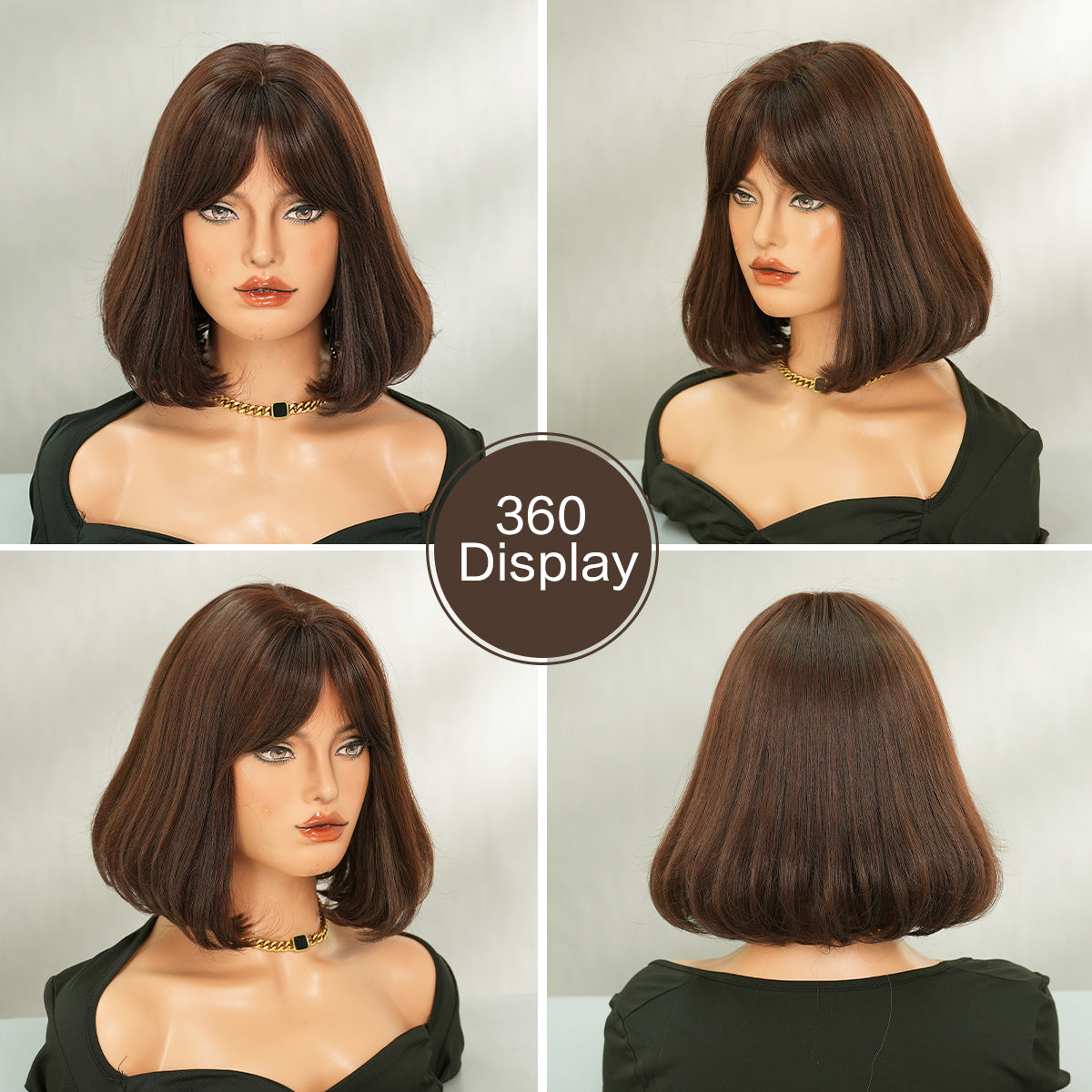 Layered Brown Short Straight Hair Bangs Wig Long Curls