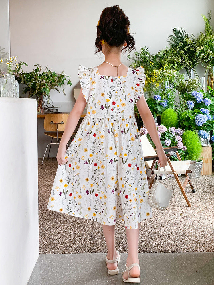 Floral Flounced Sleeve Korean Style Sweet Fresh Princess Pastoral Children's Dress