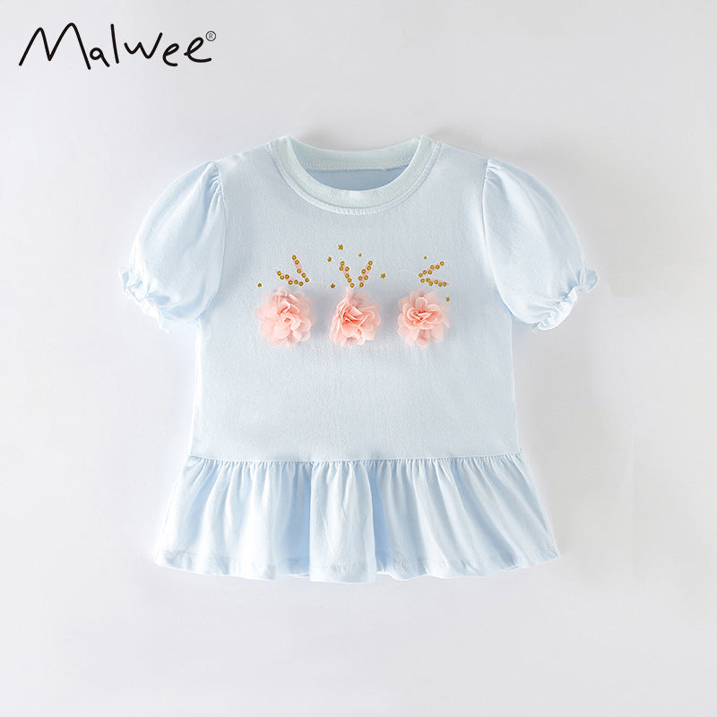 Summer Flower Cotton Short Sleeve Round Children's T-shirt