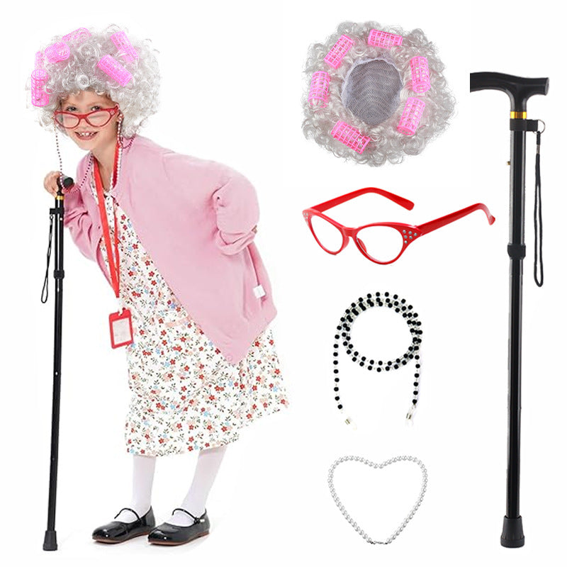 Props Watch Show Old Lady Grandma Flower White Curly Head Real Hair Wig
