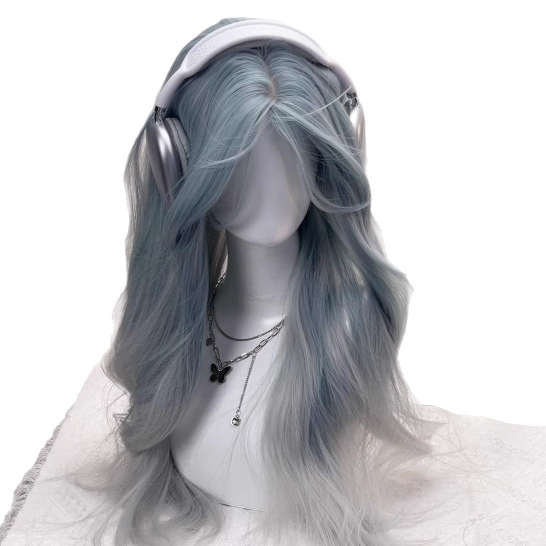 Female Curly Hair Ice Blue Gradient Middle Temperament Cold Wig Long Curls