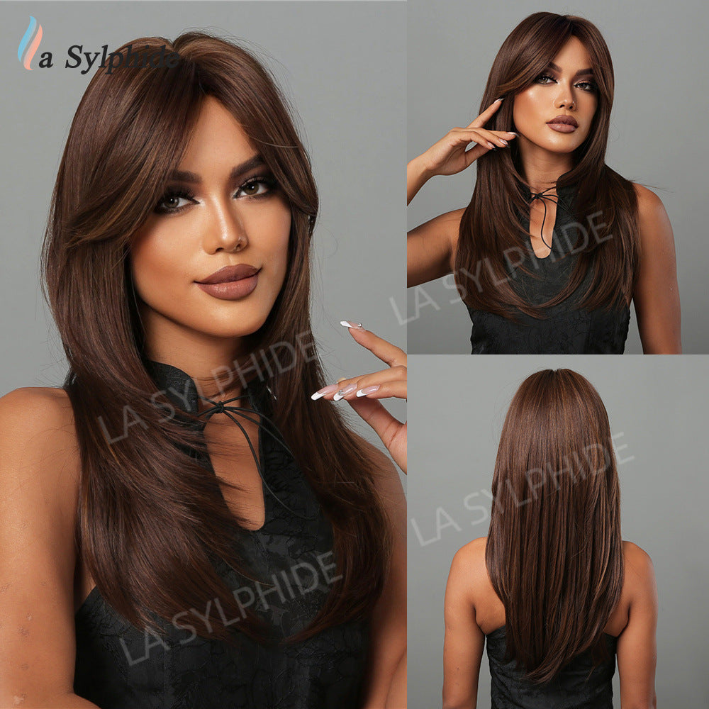 Bangs Mid-length Texture Hair Intellectual Female Mechanism Golden Synthetic Wigs Long Straight Wig