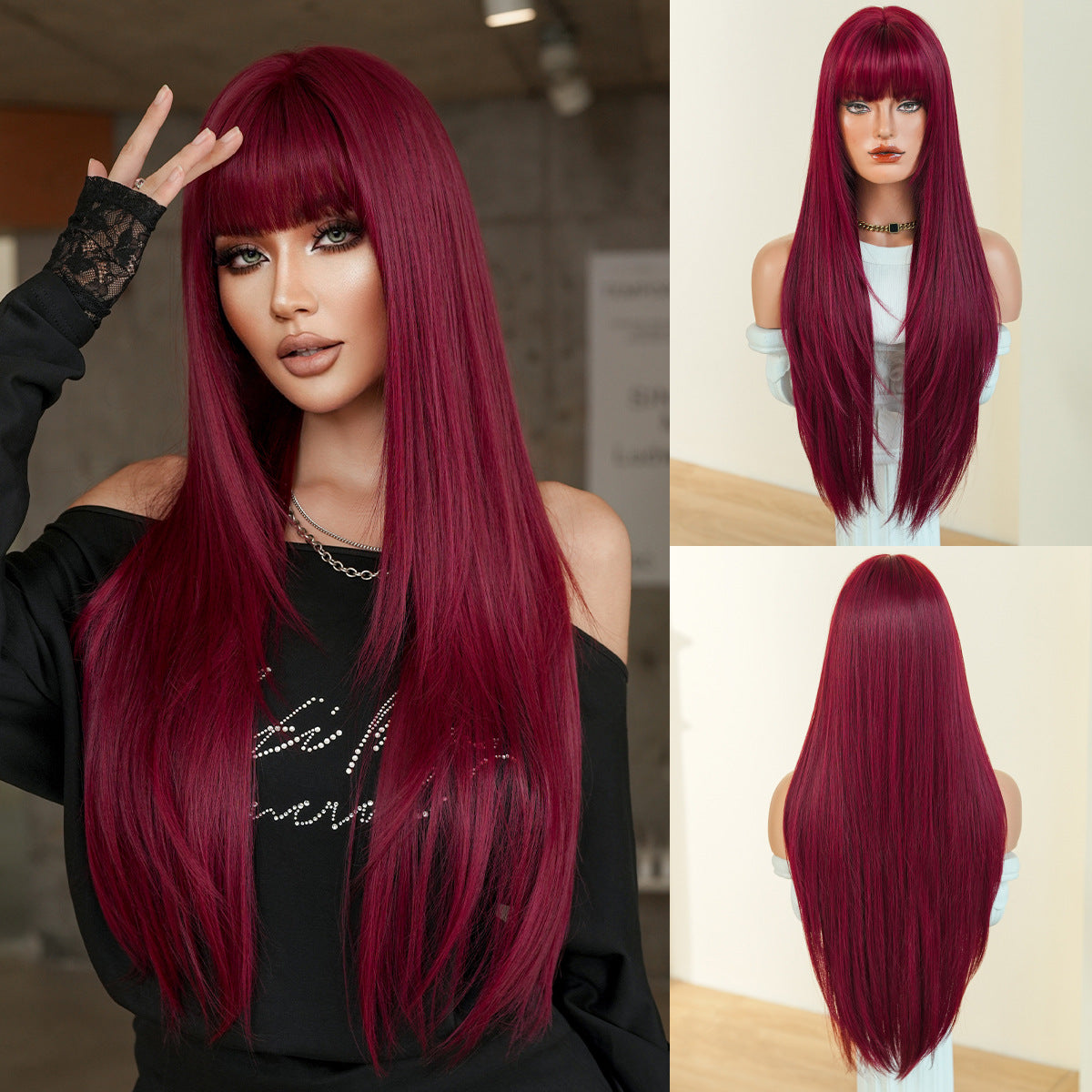 Black Full Top Bangs High Quality Chemical Long Straight Wig