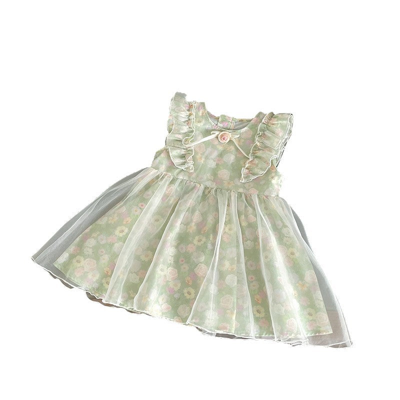 Children's Summer Floral Print With Green Background Children's Dress