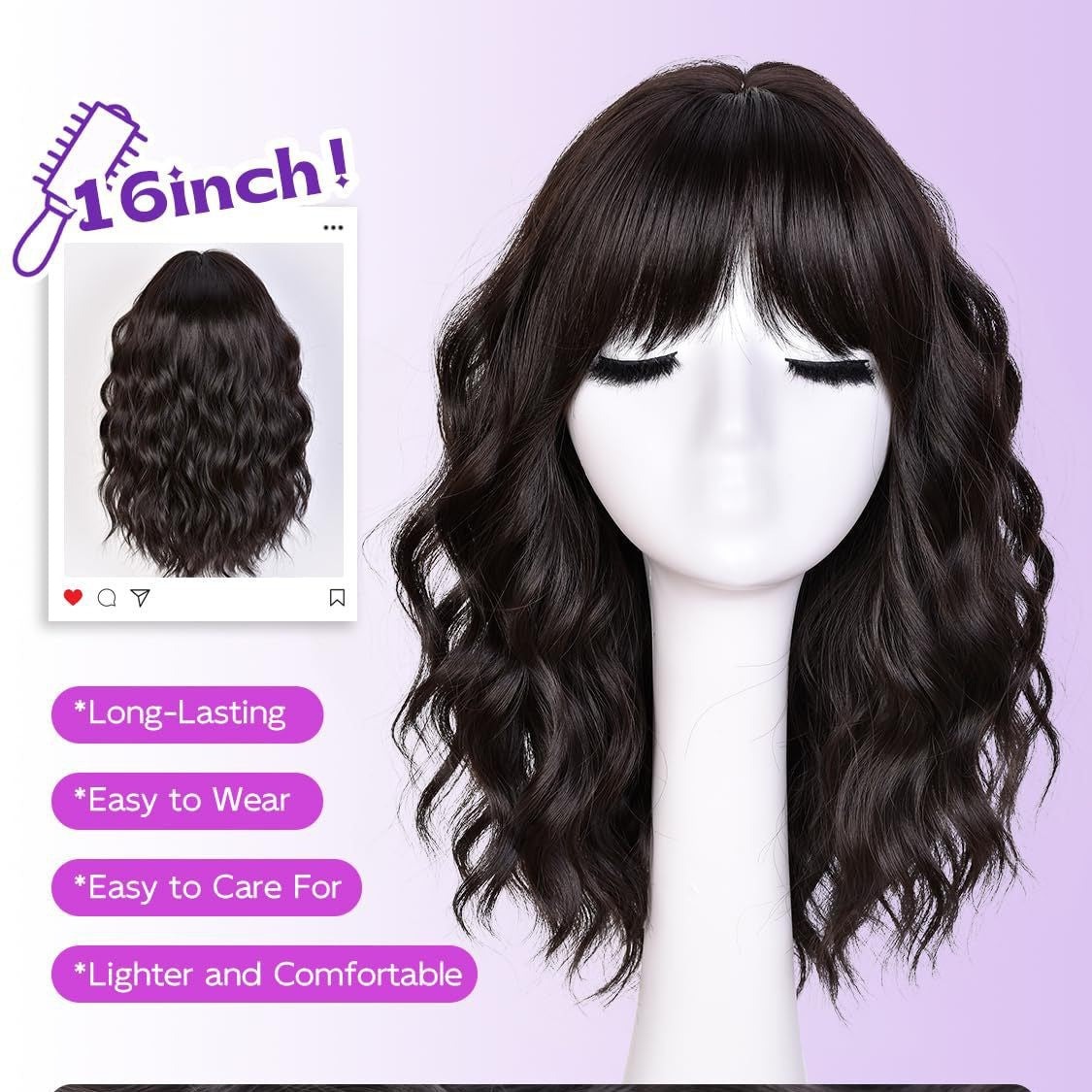 Female Short Wavy Natural Head Synthetic Daily Wig Bangs