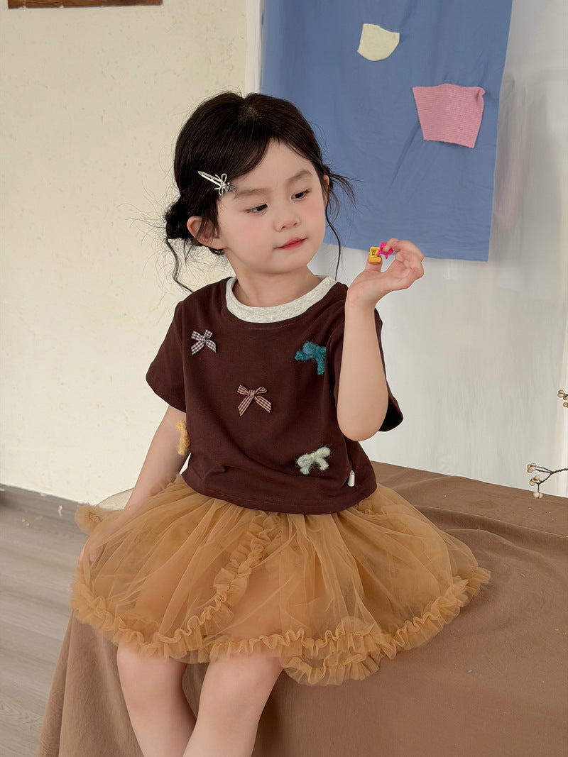 Children's Clothing Korean Style Color Bow Sweet Short Sleeve Children's T-shirt