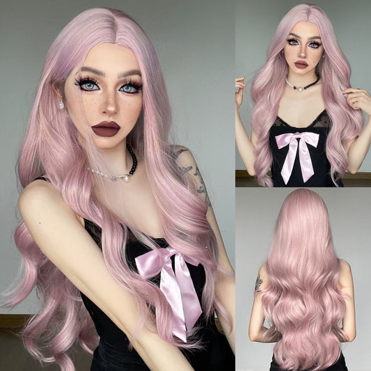 Women's Fiber Pink Natural Fluffy Curly Hair Wig Long Curls