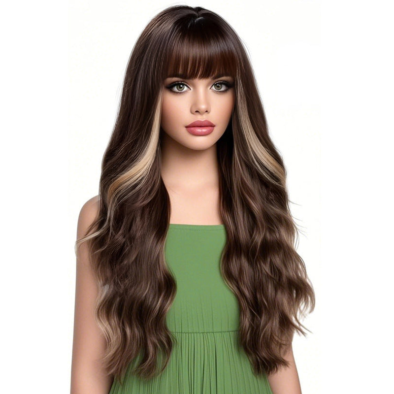 Scalp Head Dyed Black Brown Hair Straight Bangs Synthetic Wig Long Curls
